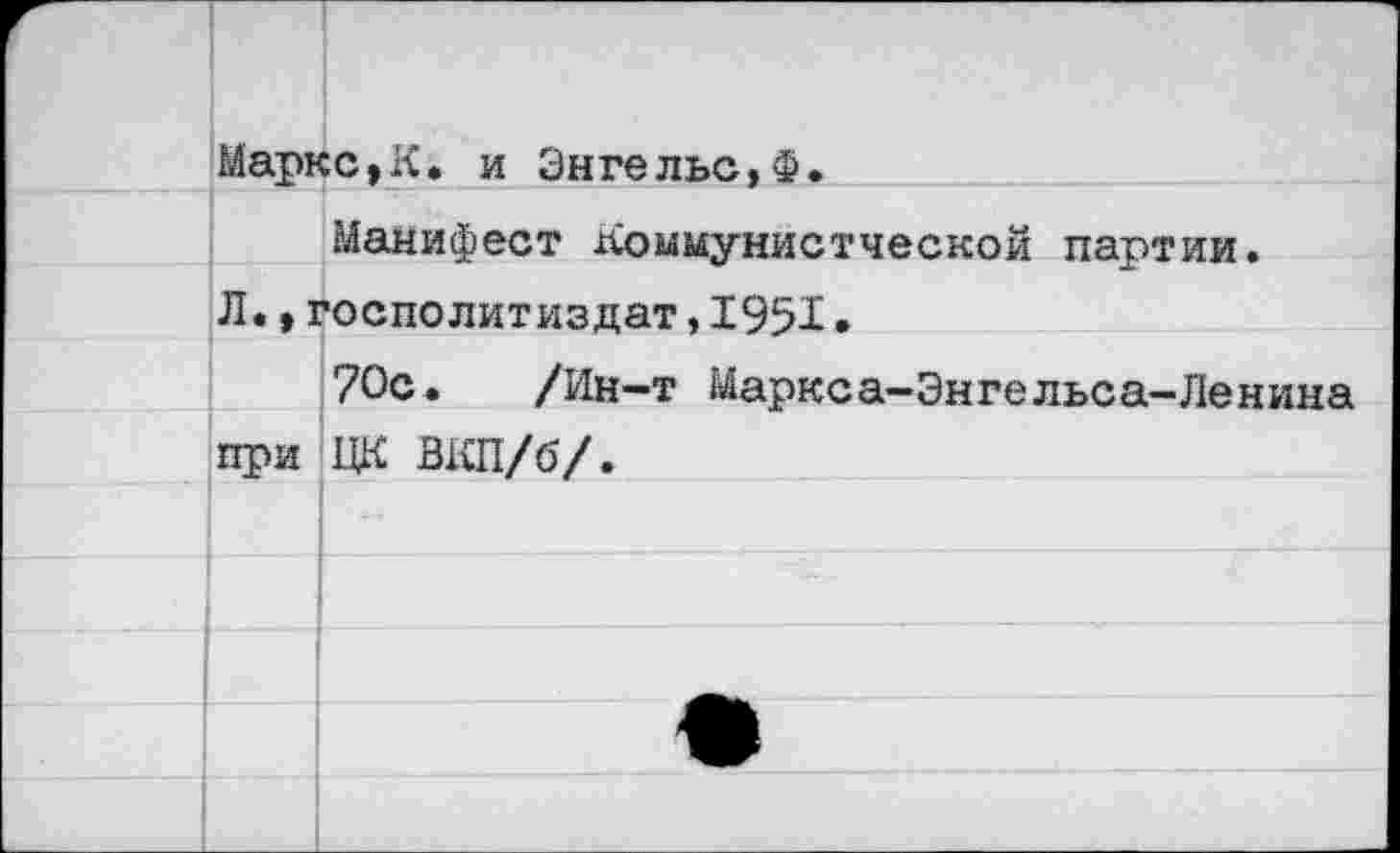 ﻿Маркс,К. и Энгельс, Ф.
Манифест ломмунистческой партии. Л.,госполитиздат,1951•
70с. /Ин-т Маркса-Энгельса-Ленина при ЦК ВХШ/б/.